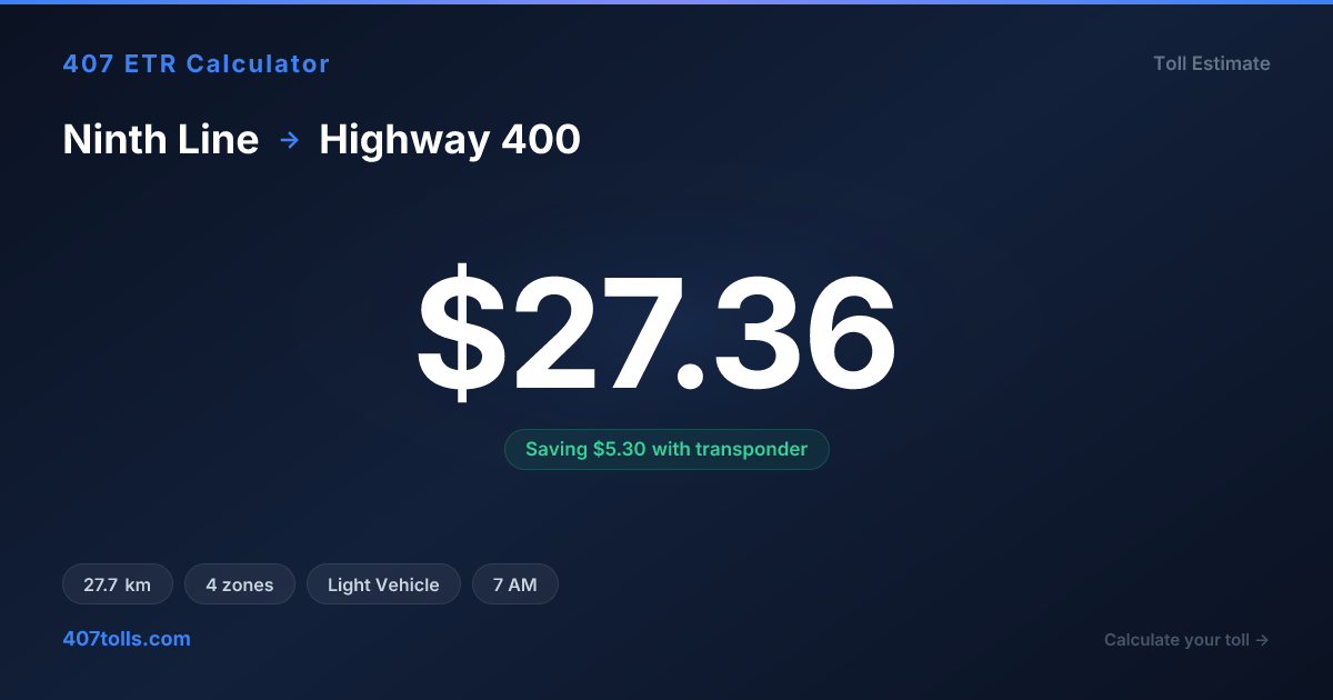 Ninth Line to Highway 400 (Light Vehicle) - $27.36 | 407 ETR Toll ...
